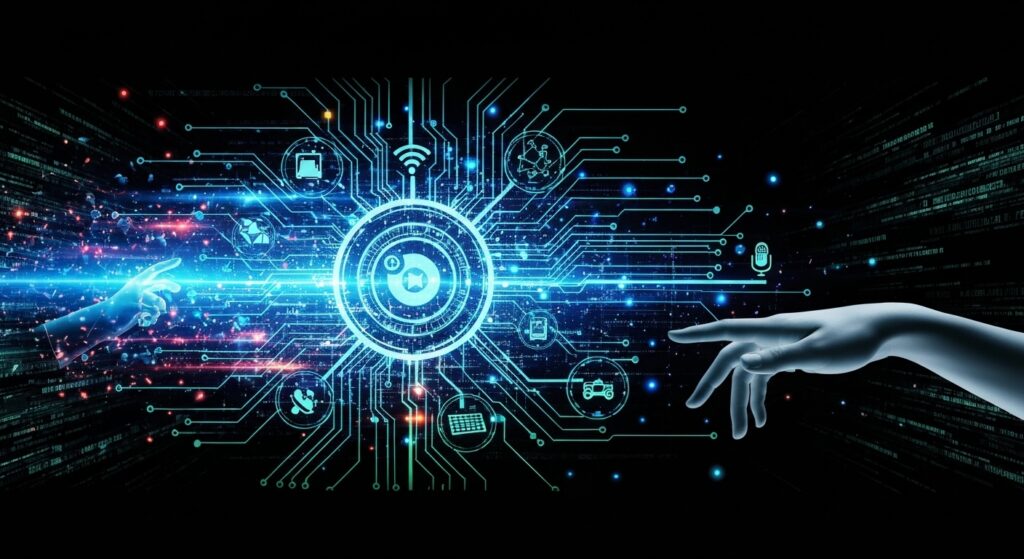 Representação abstrata e futurista de uma rede de inteligência artificial interagindo com ícones de criação (caneta, teclado), simbolizando o poder das ferramentas de IA para criação de conteúdo.