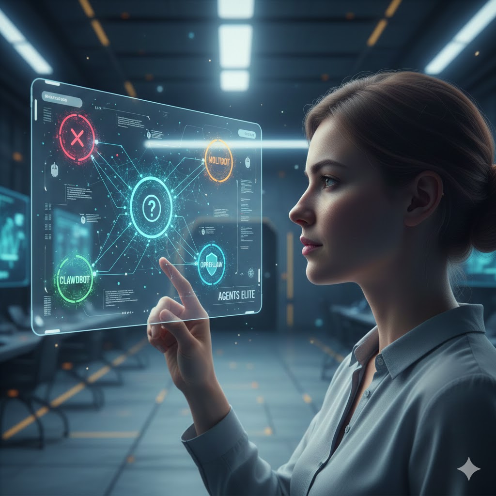 Infográfico explicativo sobre a transição das IAs Clawdbot, Moltbot e OpenClaw em uma interface futurista de tecnologia agêntica - Agentes Elite.