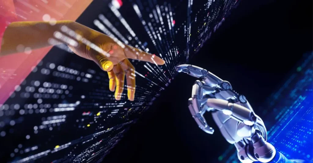 Profissional brasileiro interagindo com tecnologia de IA em ambiente de escritório futurista