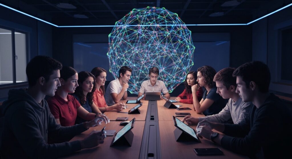 Cena futurista de sala de aula com alunos interagindo com tecnologia avançada e aprendizado personalizado, ilustrando a inteligência artificial na educação do futuro.