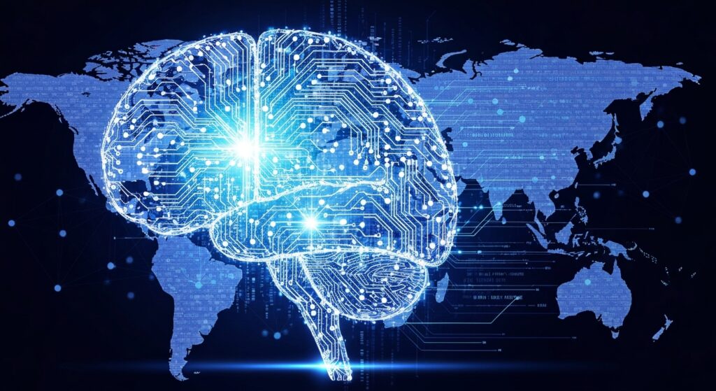 Uma representação futurista e abstrata de um cérebro digital composto por circuitos interconectados e fluxo de dados luminosos, simbolizando a complexidade e o aprendizado sobre o que é inteligência artificial e como ela funciona.