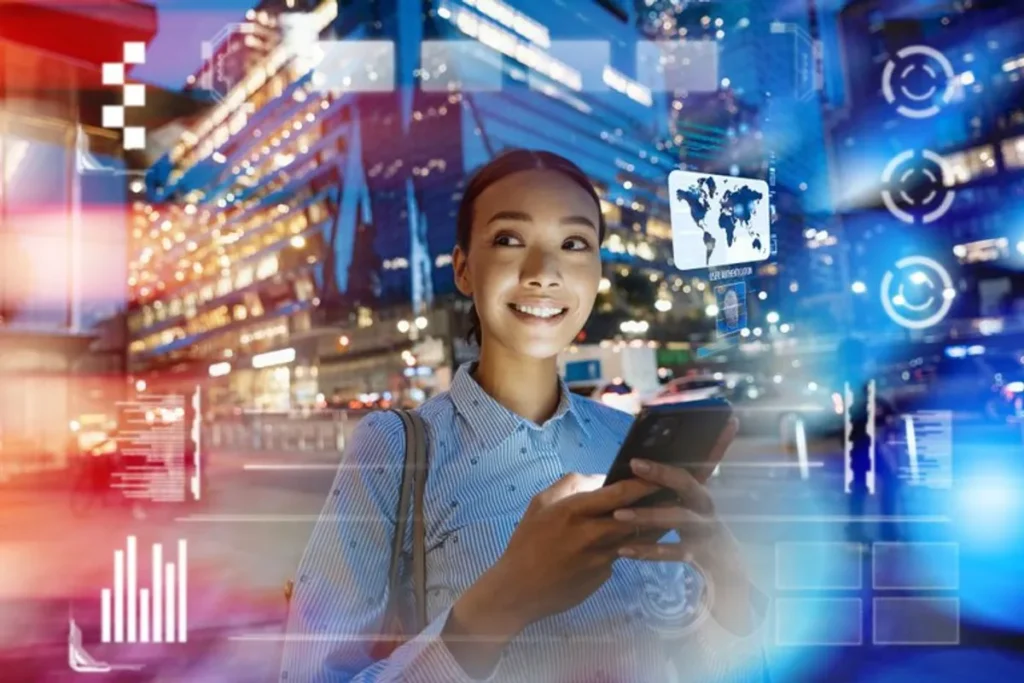 Supercomputador moderno em data center com projeção holográfica de IA