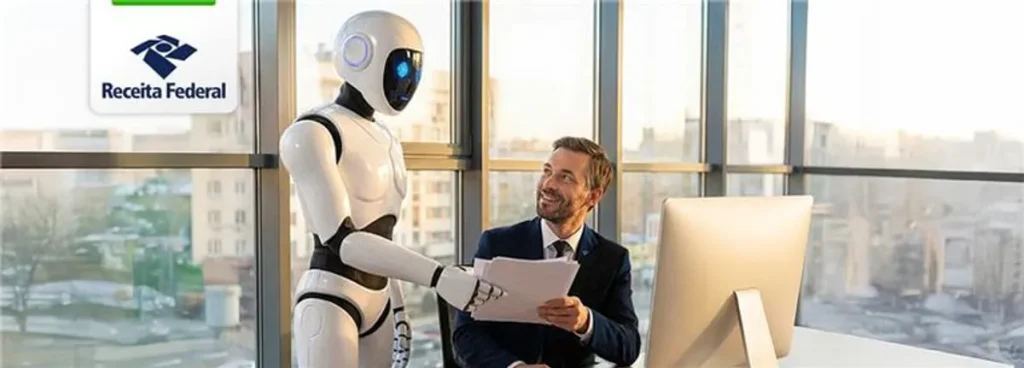 Servidor da Receita Federal analisando dados em tela com elementos de IA
