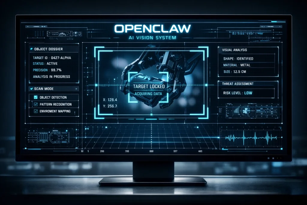 Interface tecnológica do OpenClaw demonstrando visão computacional e mapeamento de coordenadas X e Y em um monitor de elite.