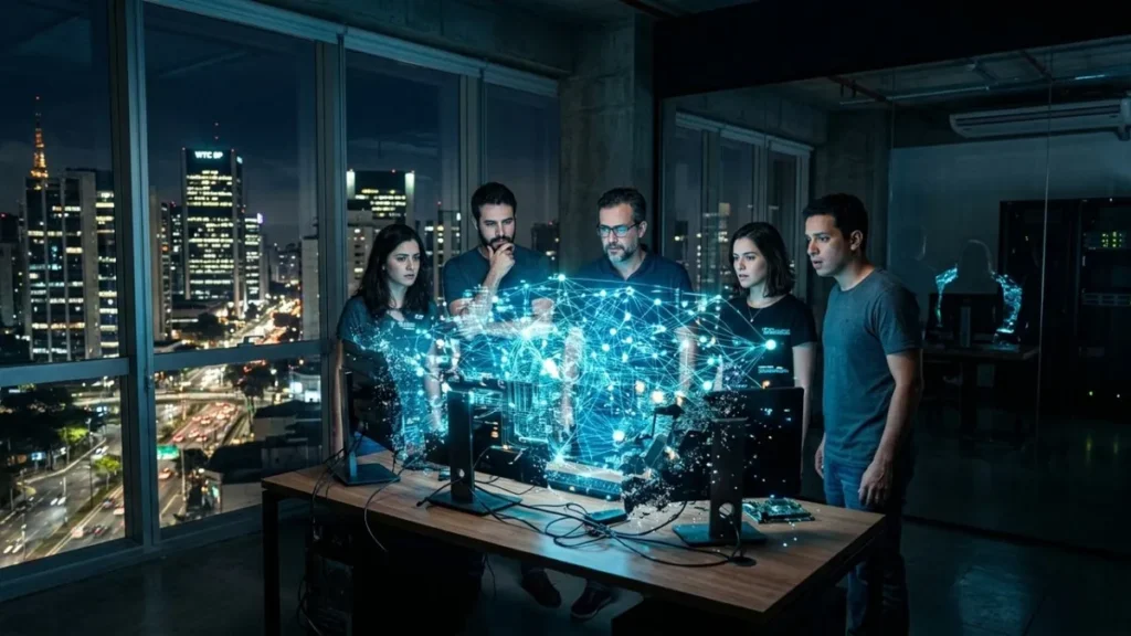 Profissional de tecnologia analisando dados de IA em um escritório moderno em 2026, com caixas de mudança ao fundo.