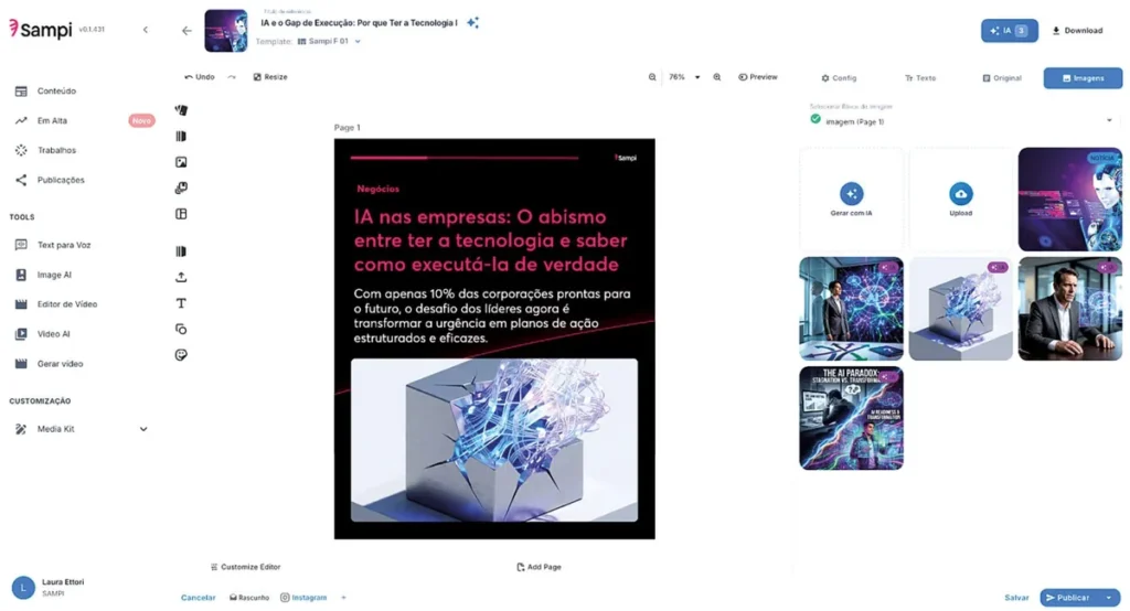 Jornalista utilizando ferramentas de inteligência artificial em uma redação moderna.