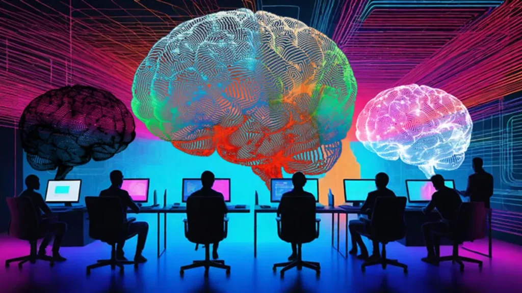 Ambiente industrial com tecnologia de IA integrada, mostrando a colaboração entre humanos e máquinas.