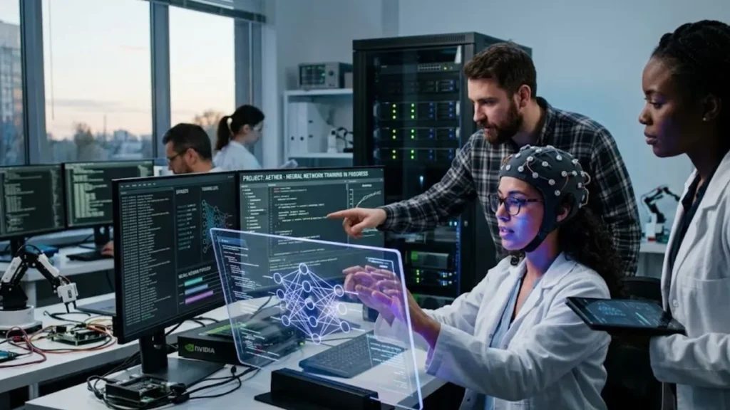 Cientista interagindo com projeção holográfica de estrutura molecular gerada por IA em laboratório moderno.