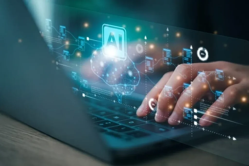 Profissionais em sala de reunião analisando dados de inteligência artificial em telas holográficas